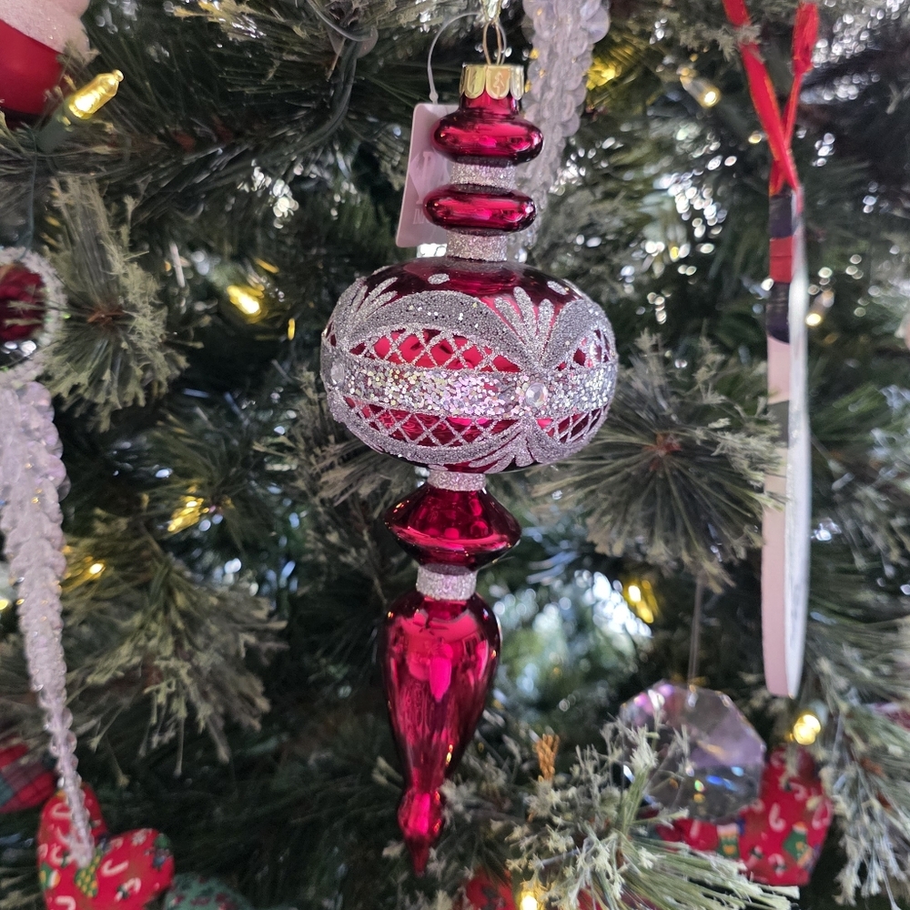 NEW RAZ IMPORTS 10" X 10" Red GLASS Silver Glittered Finial ORNAMENT